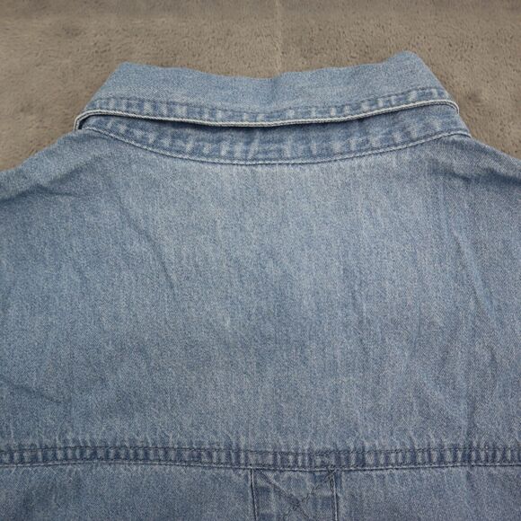 Passion-I Shirt Womens L Blue Denim Button Front Floral Embroidered Pocket - Picture 14 of 16